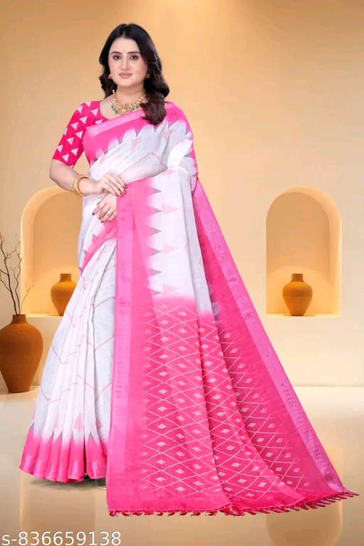 SM Women Cotton Linen Printed Saree