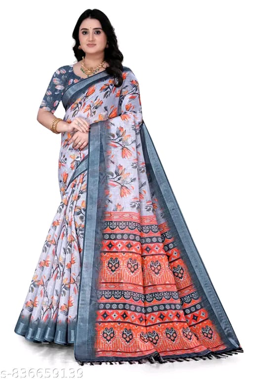 SM Women Cotton Linen Printed Saree