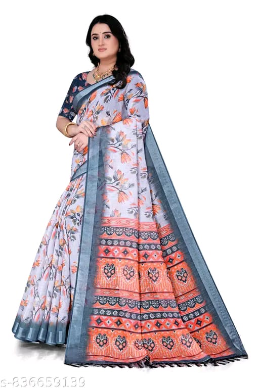 SM Women Cotton Linen Printed Saree