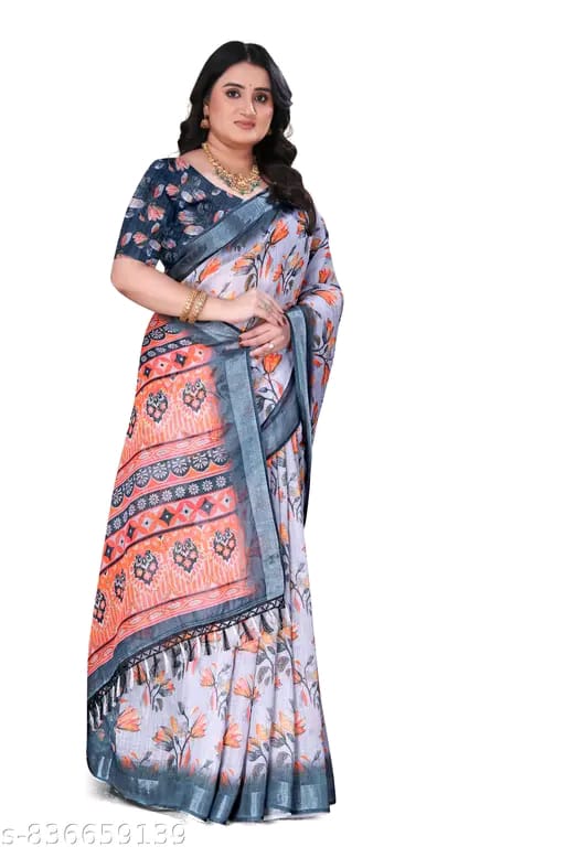 SM Women Cotton Linen Printed Saree