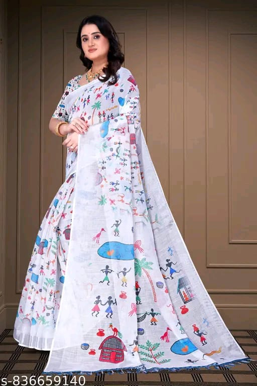 SM Women Cotton Linen Printed Saree