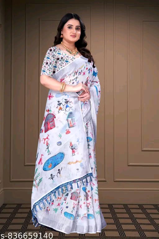 SM Women Cotton Linen Printed Saree