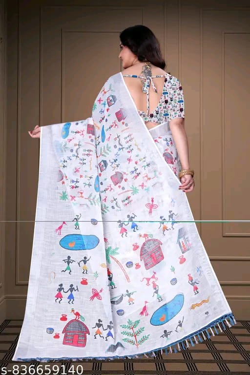 SM Women Cotton Linen Printed Saree