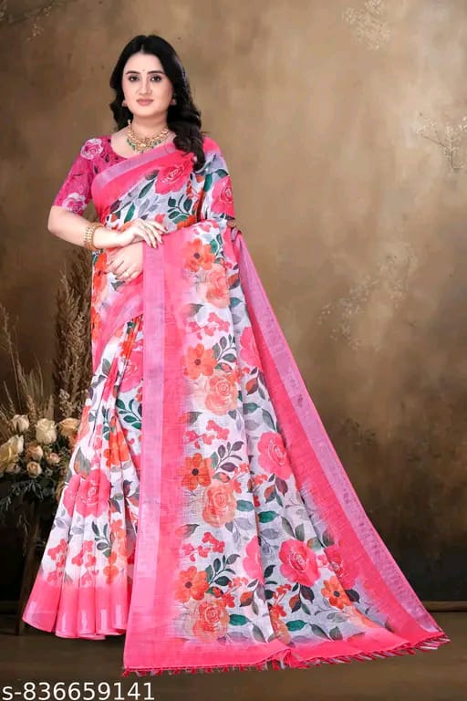 SM Women Cotton Linen Printed Saree