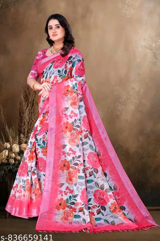 SM Women Cotton Linen Printed Saree