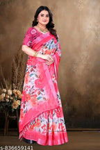 SM Women Cotton Linen Printed Saree