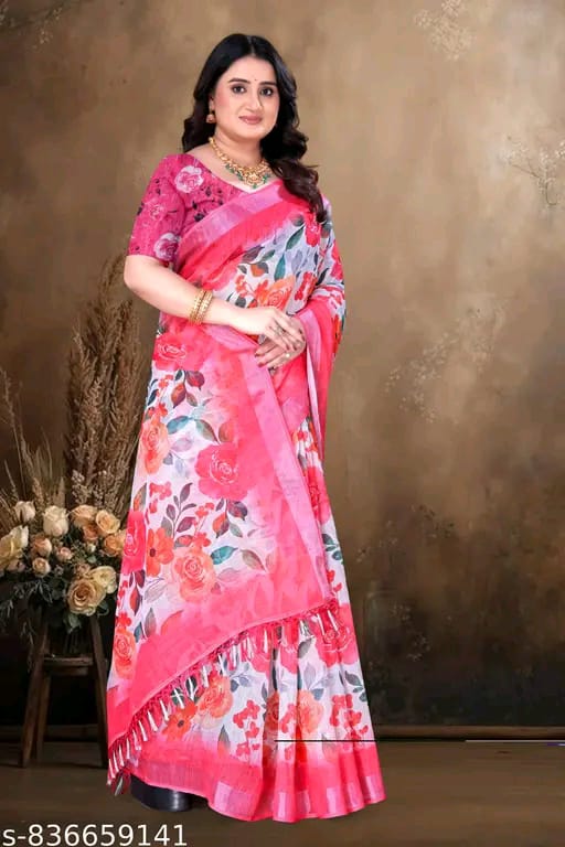 SM Women Cotton Linen Printed Saree