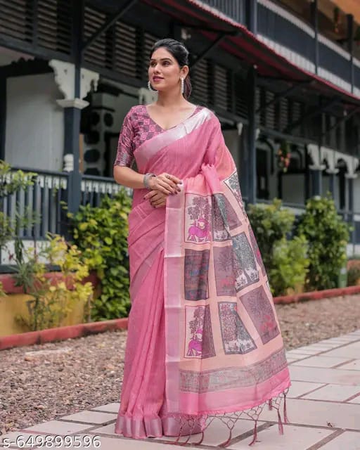 SM Women Cotton Linen Saree