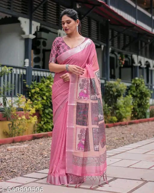 SM Women Cotton Linen Saree
