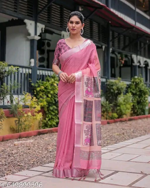 SM Women Cotton Linen Saree