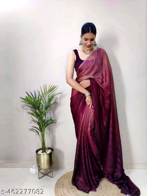 SM Women Chiffon Embellished Ready to Wear Saree with Black Blouse