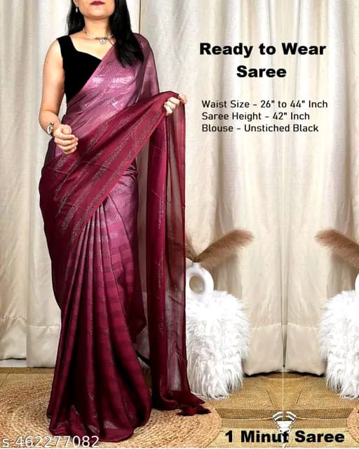 SM Women Chiffon Embellished Ready to Wear Saree with Black Blouse