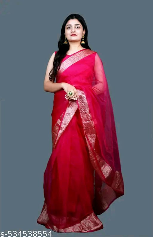 SM Women Organza Solid Ready to Wear Saree