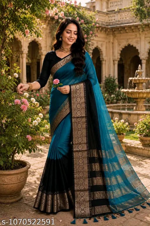 SM Women Organza Color blocked Saree