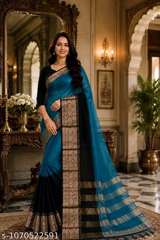 SM Women Organza Color blocked Saree