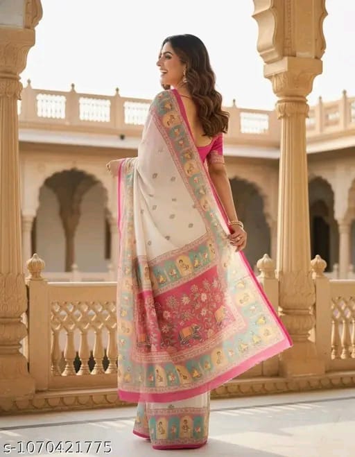 SM Women Cotton Linen Printed Saree
