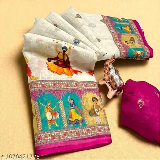SM Women Cotton Linen Printed Saree