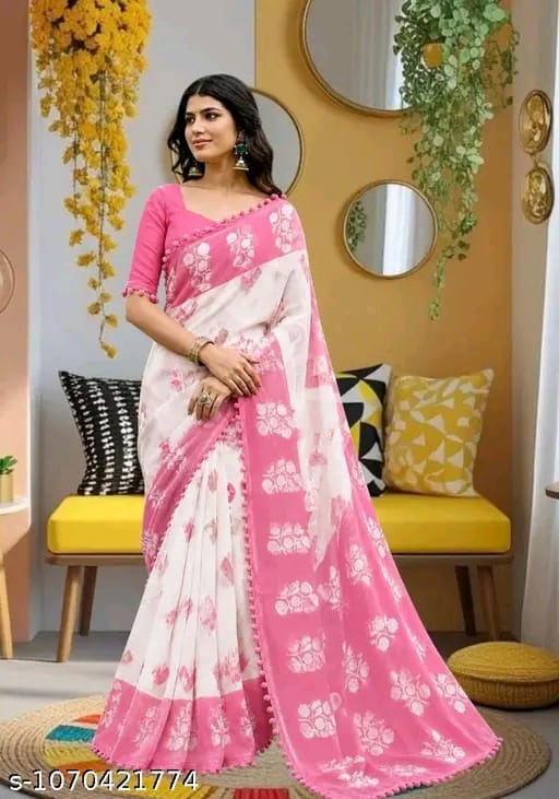 SM Women Cotton Linen Printed Saree