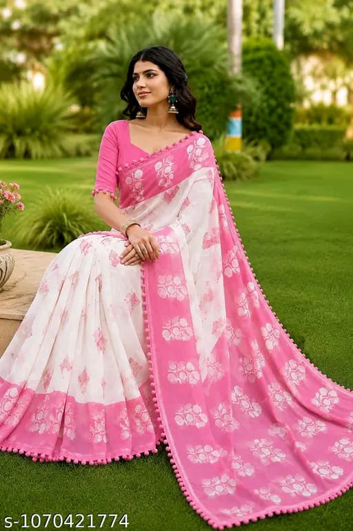 SM Women Cotton Linen Printed Saree