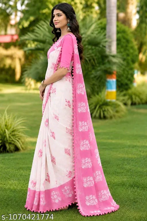 SM Women Cotton Linen Printed Saree