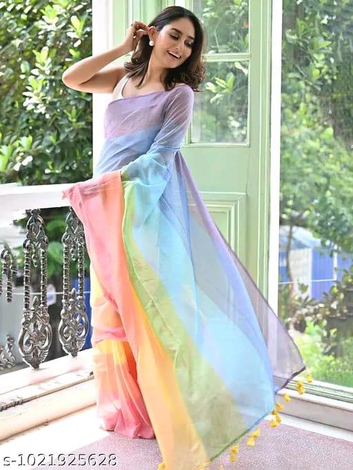 SM Women Cotton Linen Color blocked Saree