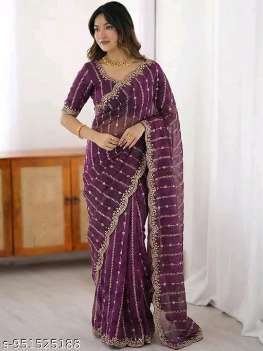 SM Women Chiffon Zari Embroidered Saree