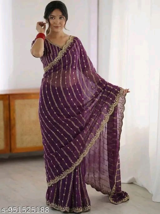 SM Women Chiffon Zari Embroidered Saree
