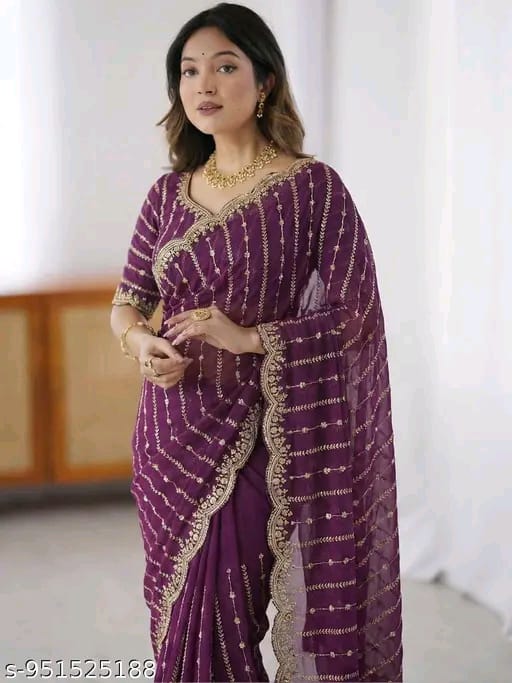 SM Women Chiffon Zari Embroidered Saree