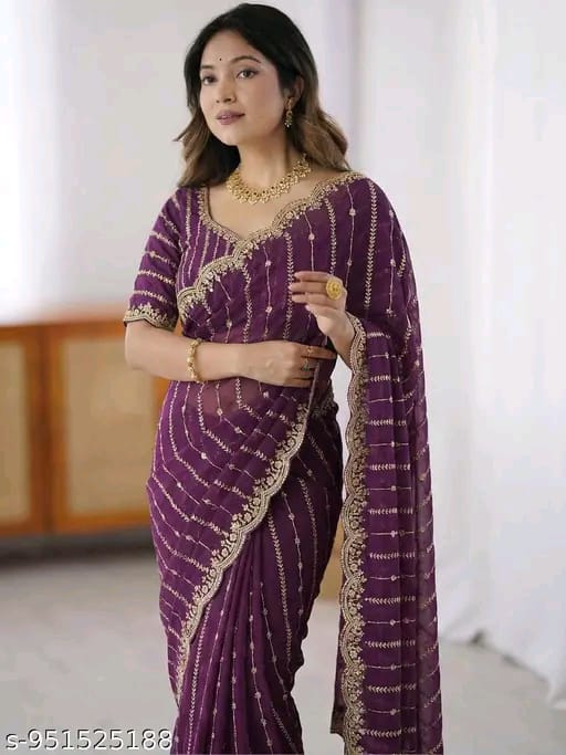 SM Women Chiffon Zari Embroidered Saree