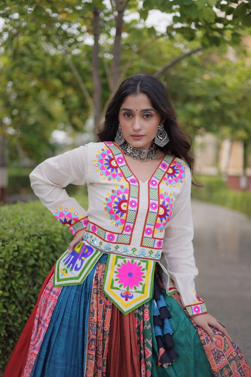 SM Cotton Printed Lehenga with Real Mirror Lace & Kutchi Gamthi Blouse