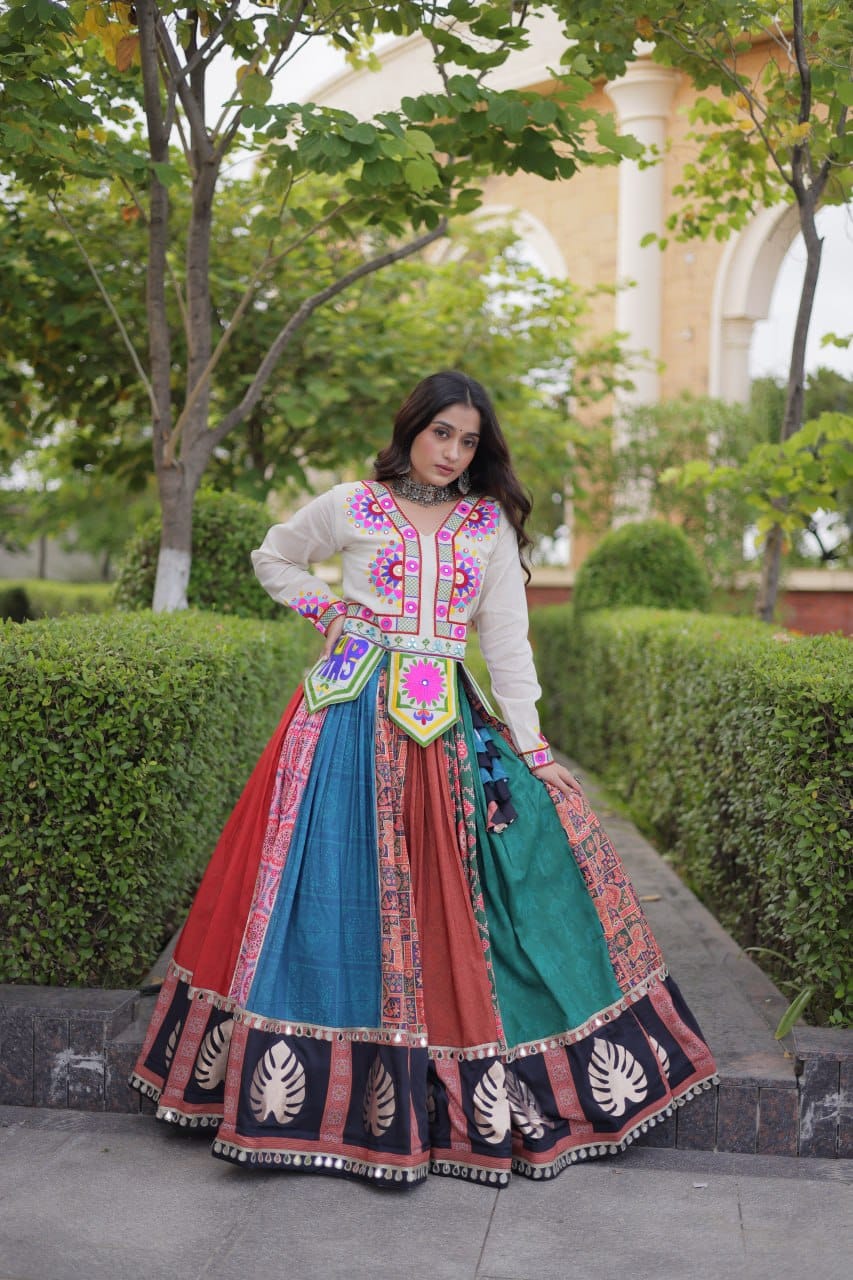 SM Cotton Printed Lehenga with Real Mirror Lace & Kutchi Gamthi Blouse
