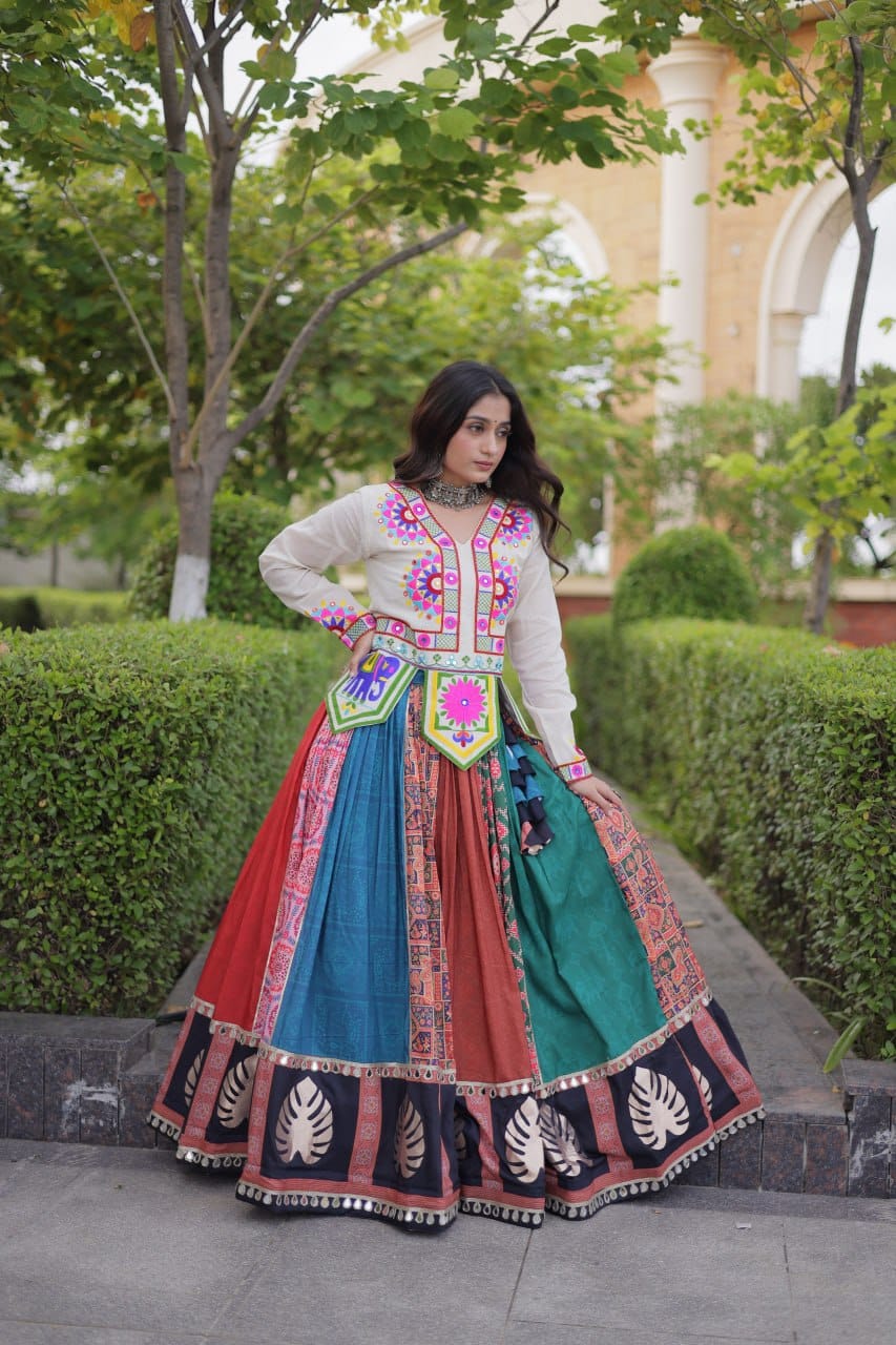 SM Cotton Printed Lehenga with Real Mirror Lace & Kutchi Gamthi Blouse