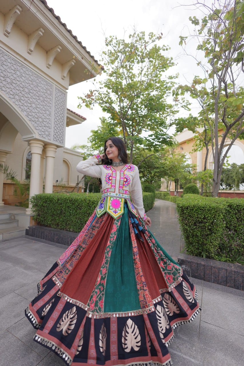 SM Cotton Printed Lehenga with Real Mirror Lace & Kutchi Gamthi Blouse