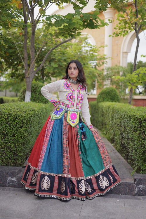 SM Cotton Printed Lehenga with Real Mirror Lace & Kutchi Gamthi Blouse