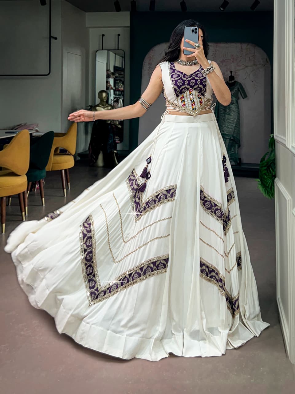 SM Royal White Rayon Lehenga with Mirror Work Blouse