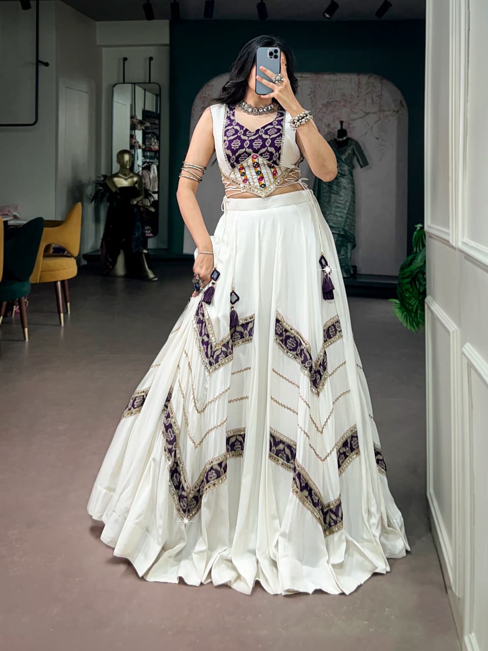SM Royal White Rayon Lehenga with Mirror Work Blouse