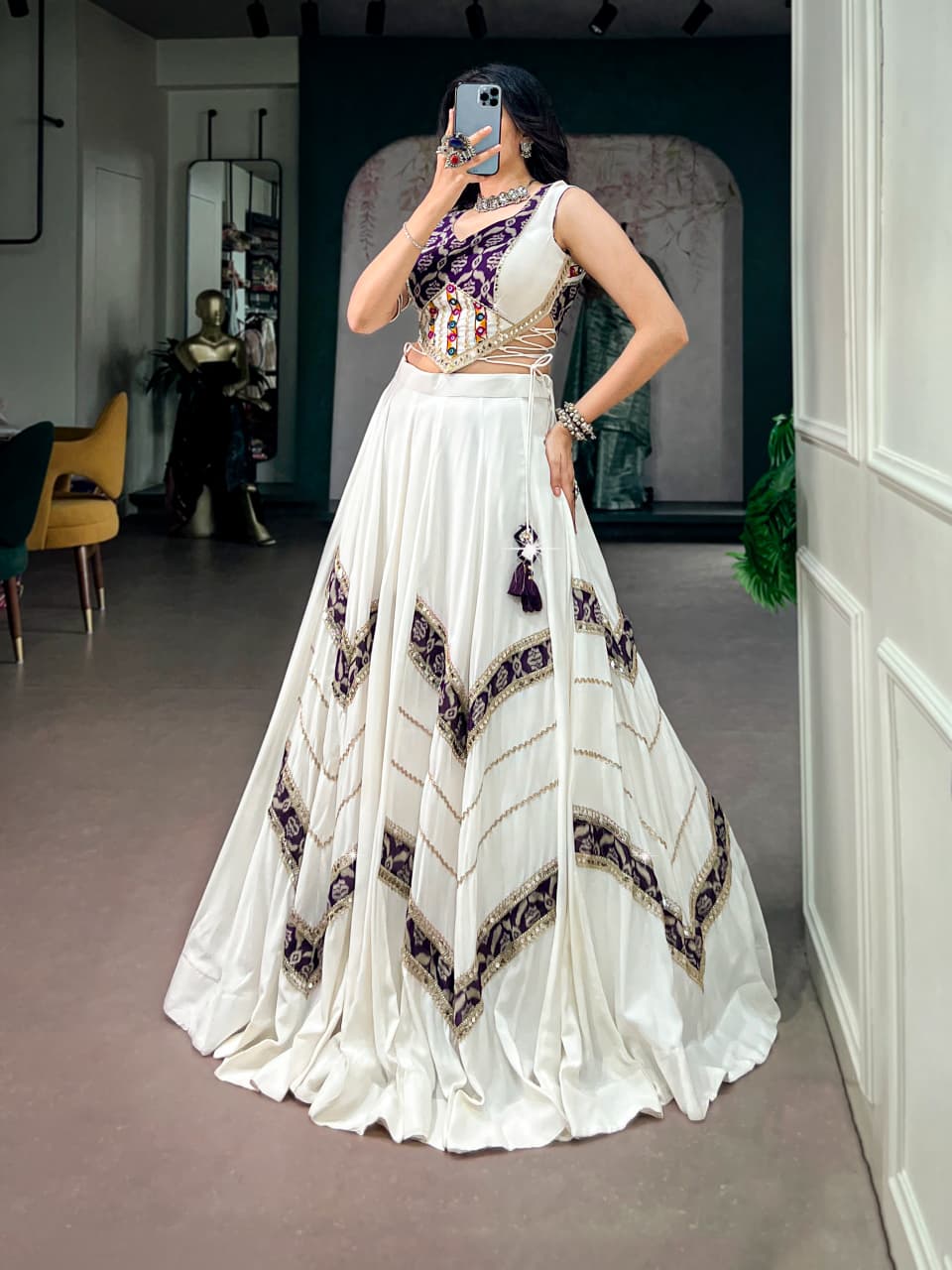 SM Royal White Rayon Lehenga with Mirror Work Blouse