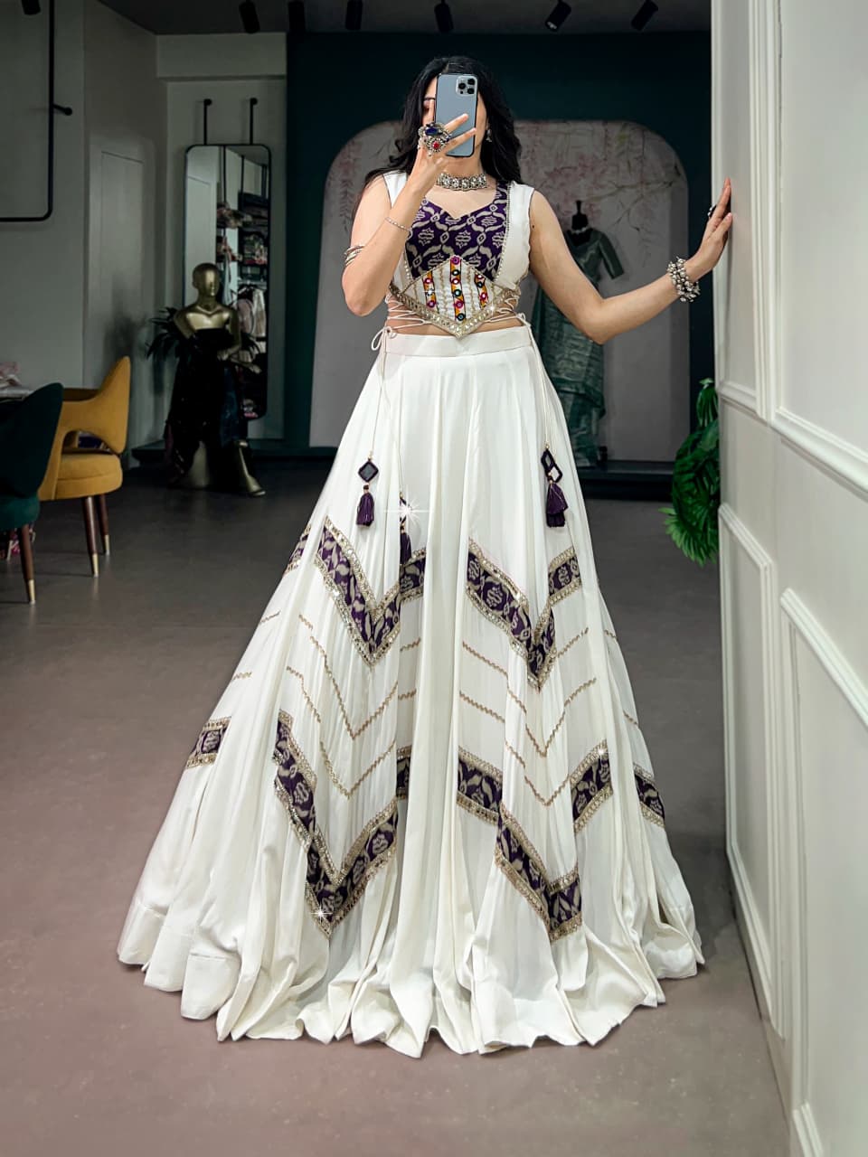 SM Royal White Rayon Lehenga with Mirror Work Blouse