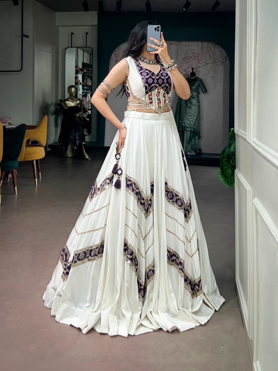 SM Royal White Rayon Lehenga with Mirror Work Blouse