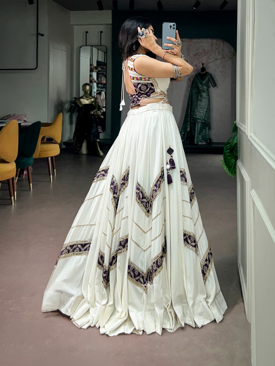 SM Royal White Rayon Lehenga with Mirror Work Blouse
