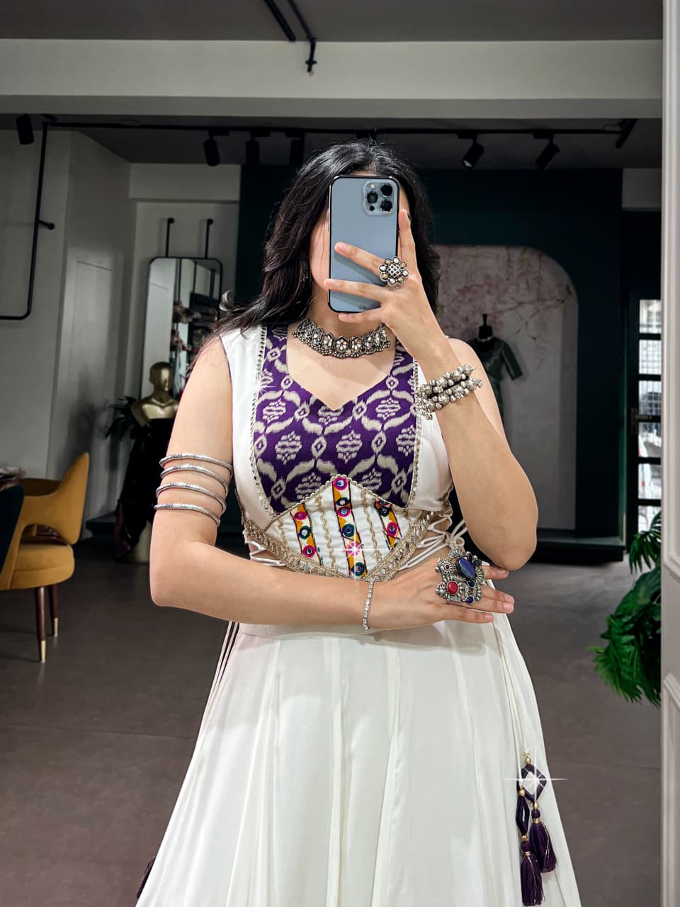 SM Royal White Rayon Lehenga with Mirror Work Blouse