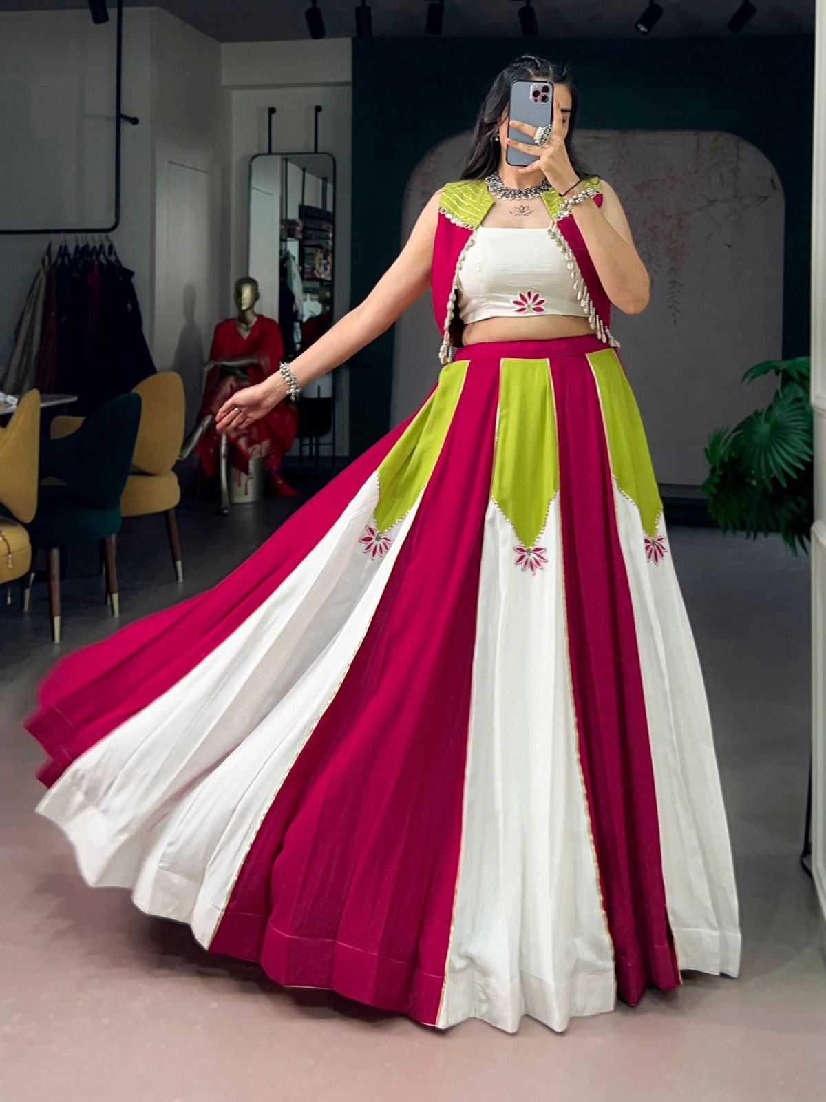SM Rayon Contrast Panel Lehenga with Gota Patti, Pearls & Koti