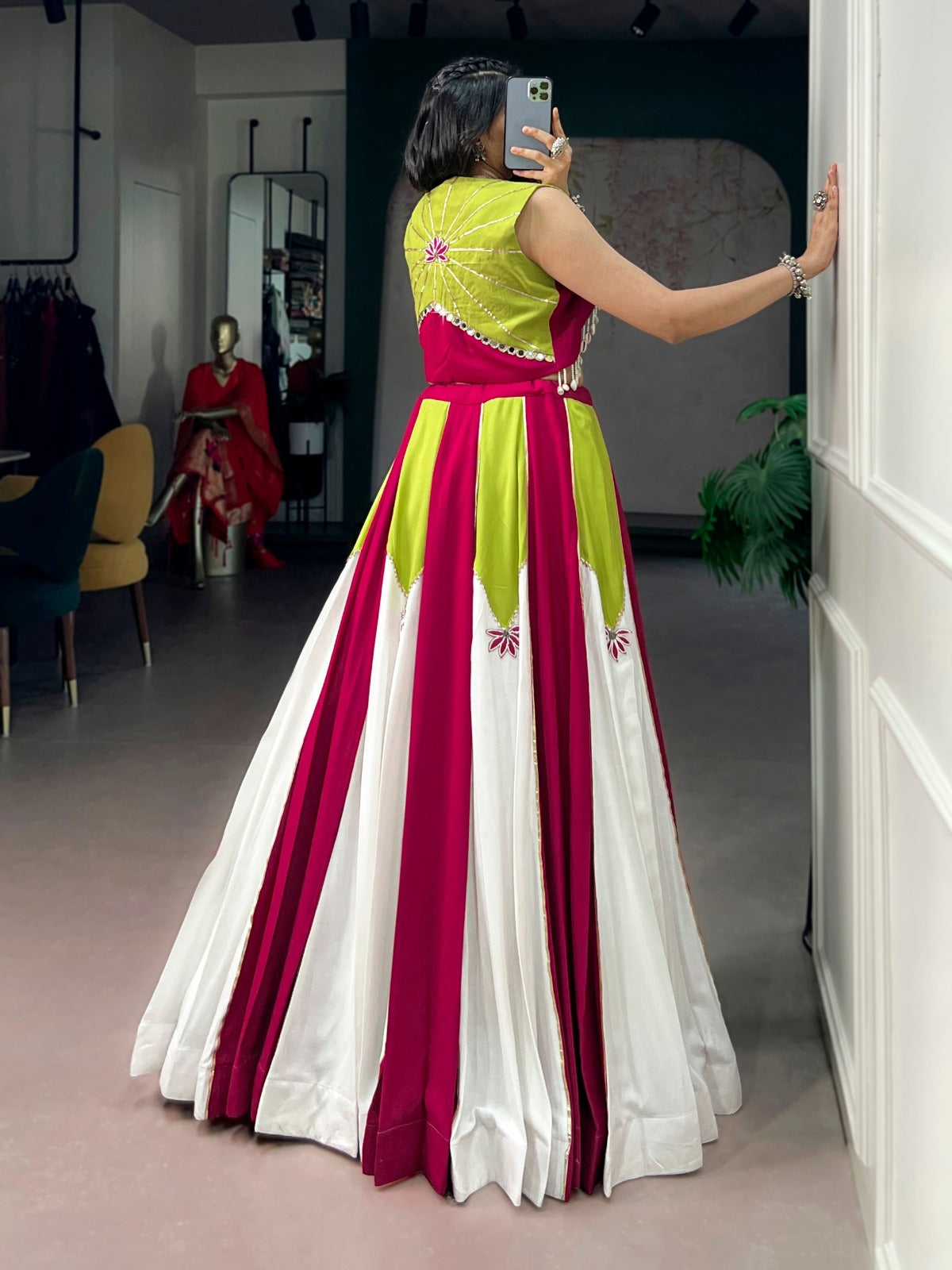 SM Rayon Contrast Panel Lehenga with Gota Patti, Pearls & Koti