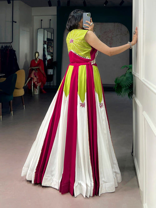 SM Rayon Contrast Panel Lehenga with Gota Patti, Pearls & Koti