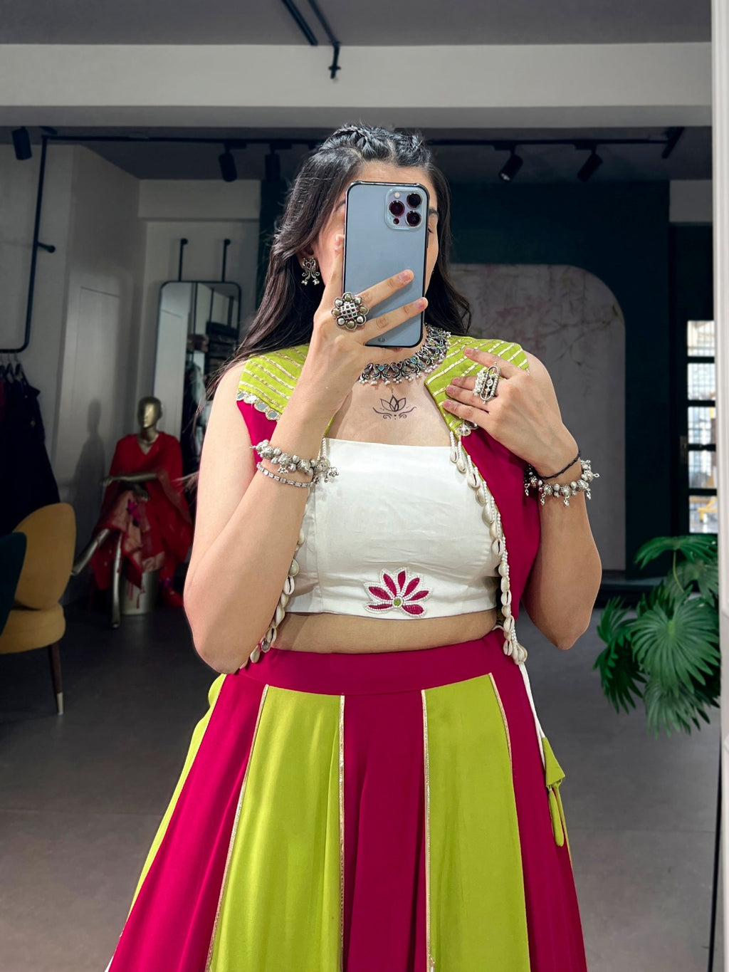 SM Rayon Contrast Panel Lehenga with Gota Patti, Pearls & Koti