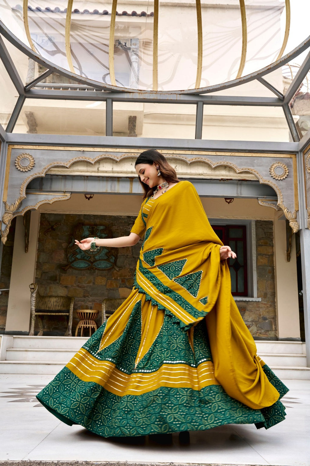 SM Rayon Ajrakh Printed Lehenga with Mirror Lace & Dupatta