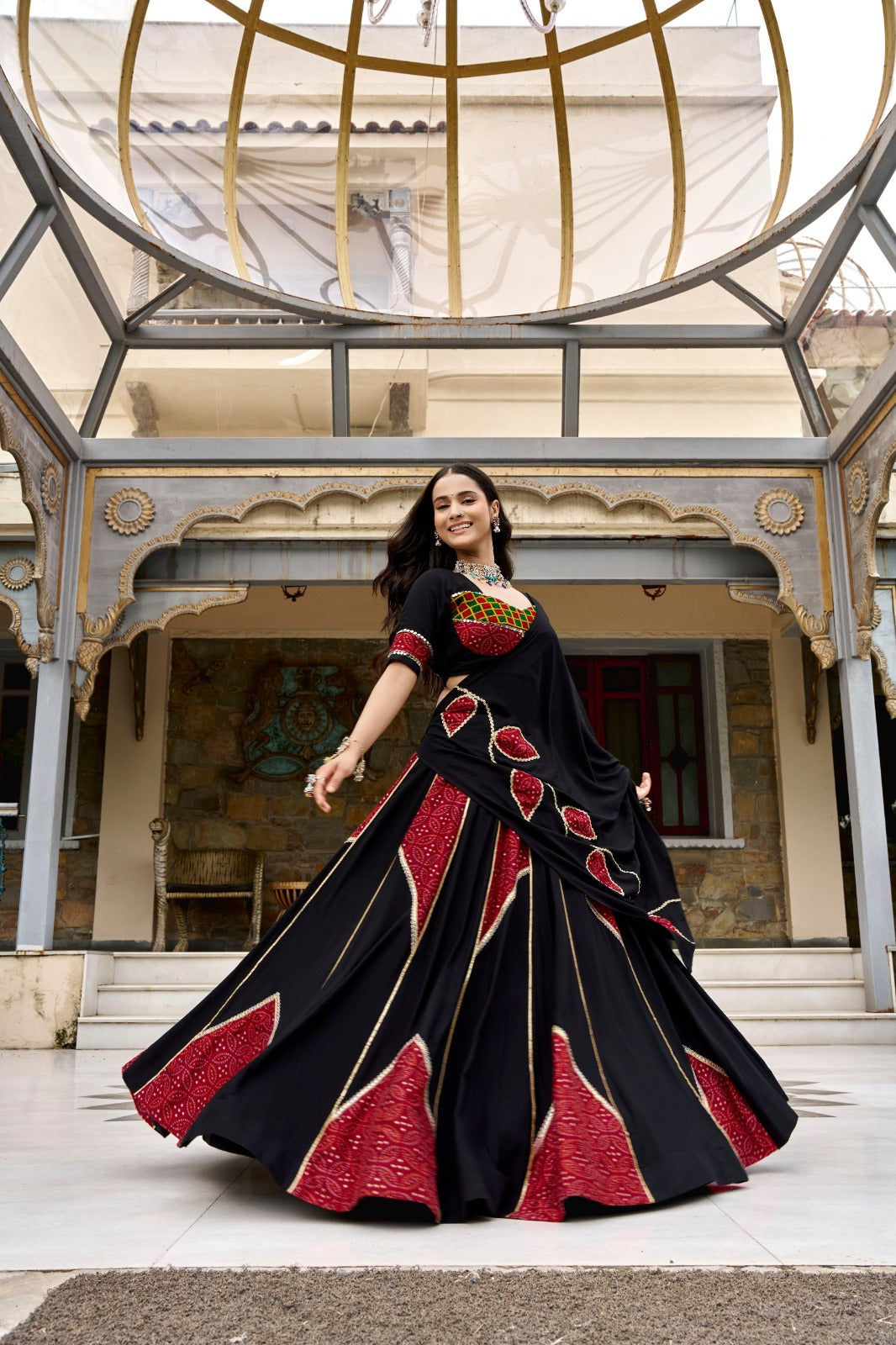 SM Rayon Ajrakh Printed Lehenga with Mirror Lace & Dupatta