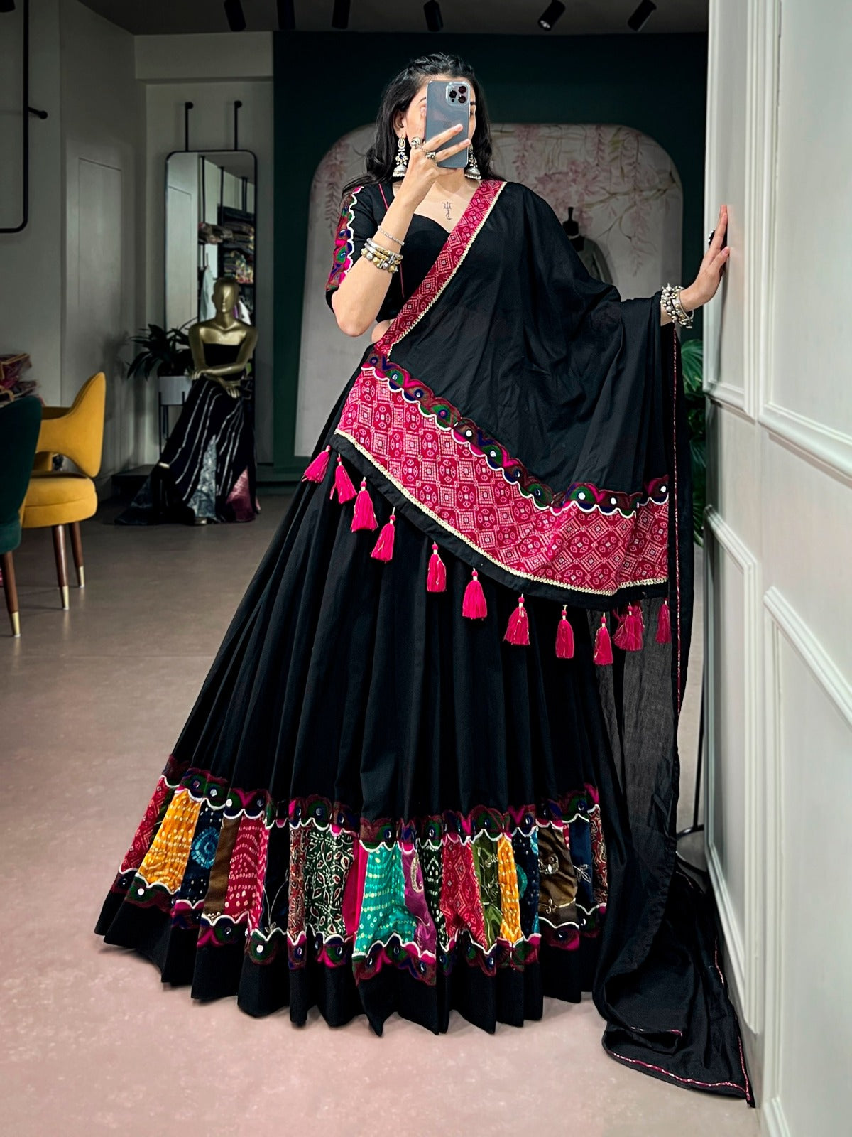 SM Khadi Cotton Lehenga with Multicolor Patchwork & Gamthi Lace