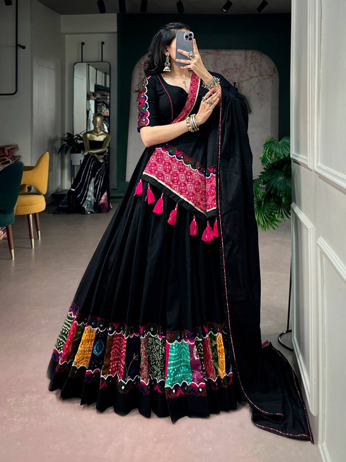 SM Khadi Cotton Lehenga with Multicolor Patchwork & Gamthi Lace