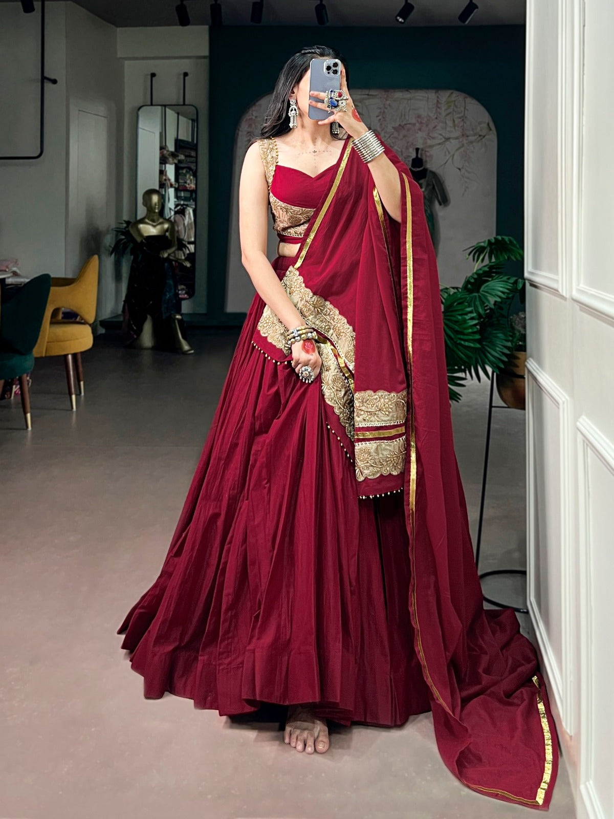 SM Mal Cotton Lehenga with Sequins & Thread Embroidered Blouse